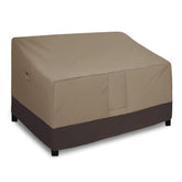 Easy-Going waterproof loveseat cover on camel sofa protects from rain and sun