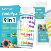 EasyTest 9-Way pool test strip bottle showing all parameter colors.