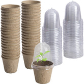 EBaokuup 40-pack biodegradable seedling pots with humidity domes enabling easy germination monitoring.