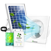 EcoCalm solar-powered fan with bifacial 12W panel for day charging and night ventilation.