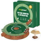 EcoVenger bed bug trap with oak-pattern plate sits under a leg to intercept pests.