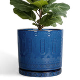 Eightpot blue 12-inch ceramic planter with saucer for indoor decor and healthy drainage.