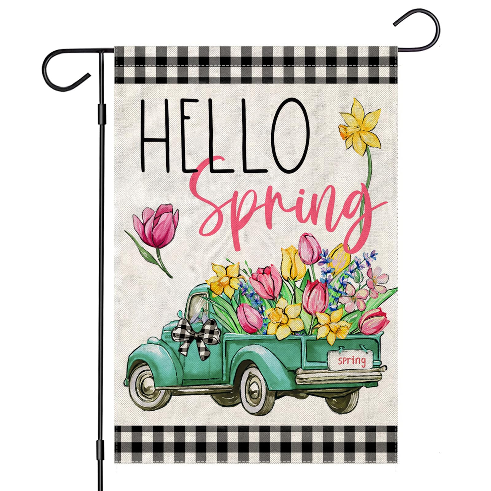 EKOREST Hello Spring flag with buffalo plaid truck for vibrant curb appeal