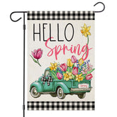EKOREST Hello Spring flag with buffalo plaid truck for vibrant curb appeal