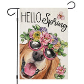 EKOREST Hello Spring garden flag with dog and flowers hat enhances outdoor curb appeal.