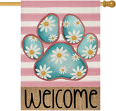 EKOREST welcome spring flag featuring dog paw and daisies on stripes for porch display