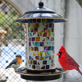 Elfonsol Solar Bird Feeder showcases mosaic sunset glass for colorful garden decor and seed supply.