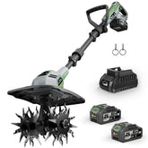 EnduTools cordless tiller with battery indicator shows remaining power for planning tasks.
