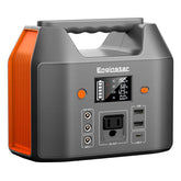 EnginStar portable power station 150W front view powering a laptop outdoors.