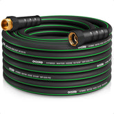 EOOIO heavy-duty garden hose 50ft unrolled demonstrates extended reach for garden beds.