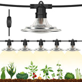 Espird outdoor 6-light LED grow light string illuminating greenhouse interiors.