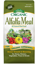Espoma alfalfa meal fertilizer bag showing natural plant food for roses, flowers, and vegetables.