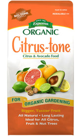 Espoma Citrus-Tone bottle showing ready-to-use organic fertilizer for citrus trees.