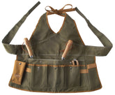 Esschert Design gardening apron olive green front view with tool pockets.