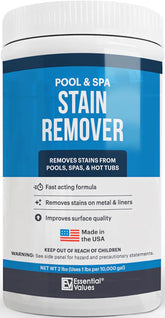 Essential Values stain remover bottle front for easy rust and tough stain removal in pools.