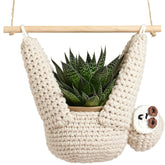 Evbopa sloth macrame plant hanger with wooden dowel supports 11 cm pots.