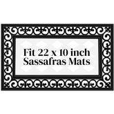 Evergreen Flag Sassafras doormat tray front view with fleur scroll for entryway elegance.