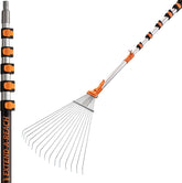 Extend-A-Reach roof rake fully extended reaching gutters from ground.