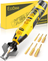 EzzDoo cordless chainsaw sharpener in action on a log, portable power