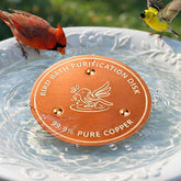 Factee Bird Bath Copper Disk bottom view shows stable placement in a stone bath.