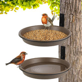 FAHAWEL bird feeder tray mounted on a post, 8.4 inch diameter, inviting songbirds to visit.