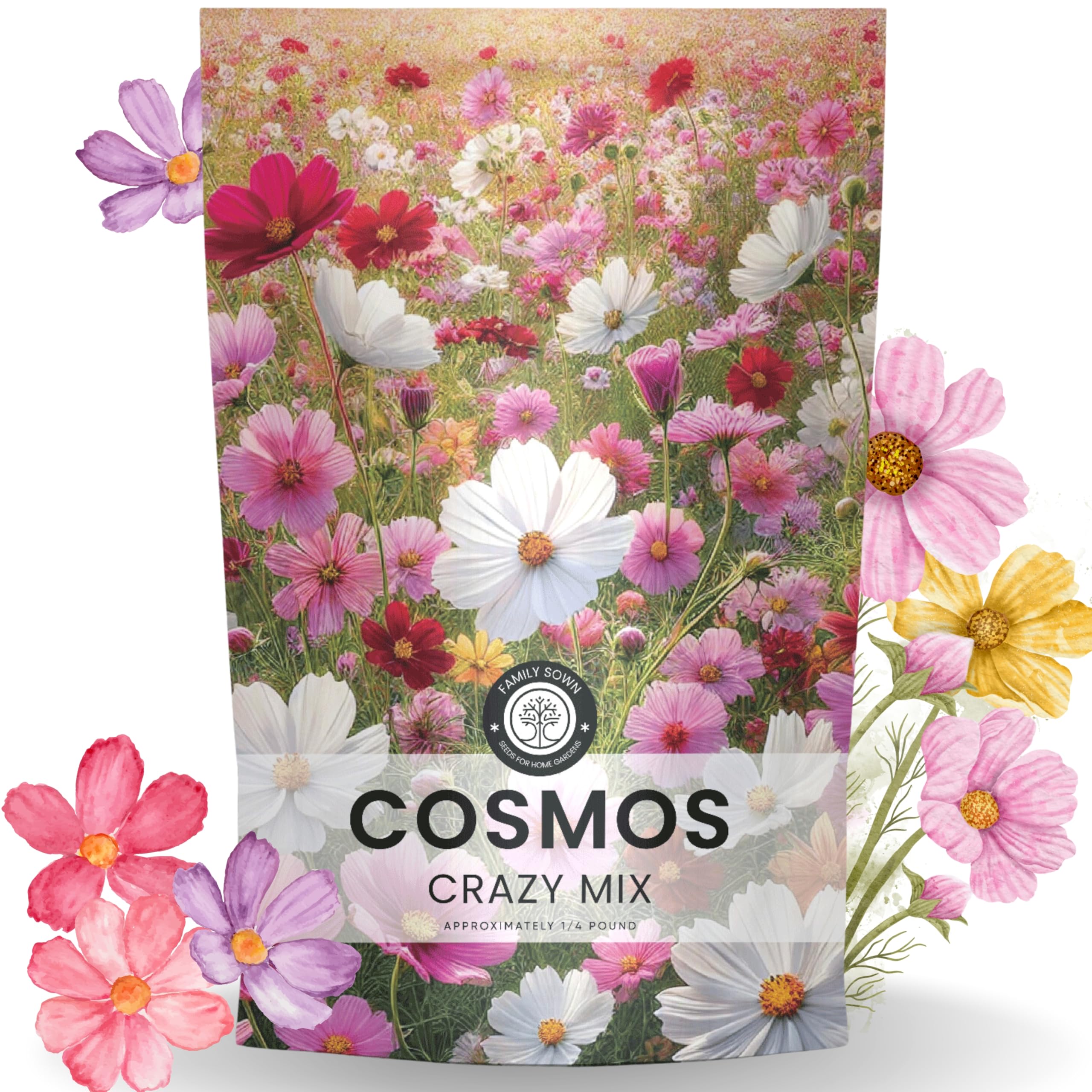 Family Sown Crazy Cosmos Mix bulk pouch for border planting and pollinator-friendly blooms.