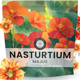 Family Sown Nasturtium majus seed packet front, a large 1-ounce pack for big planting projects.