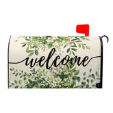 Farg Welcome Spring mailbox cover with green eucalyptus wreath enhances curb appeal.
