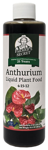 Farmer's Secret anthurium liquid plant food bottle promotes growth and flowering