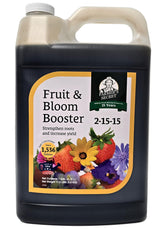 Farmer's fruit-bloom-booster bottle close-up for vibrant blooms and richer fruit set.