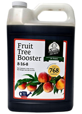 Farmer's Secret Fruit Tree Booster bottle shows 128oz formula for healthy growth.