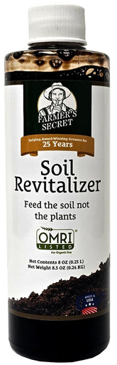 Farmer’s Secret Soil Revitalizer bottle being poured to boost soil vitality