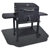 Fasmov under-grill protective deck mat guards a wooden deck from oil splatters.