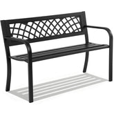 FDW garden bench front view highlighting sturdy iron frame and outdoor style