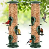 FEED GARDEN metal bird feeder with six-port tube for multiple birds.