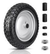 FEILOONG flat-free tire 14.5-inch close-up, showing puncture resistance for tough garden tasks.