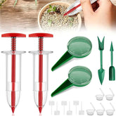 Fertile Rain mini seed spreader with front cover removed for precise sowing