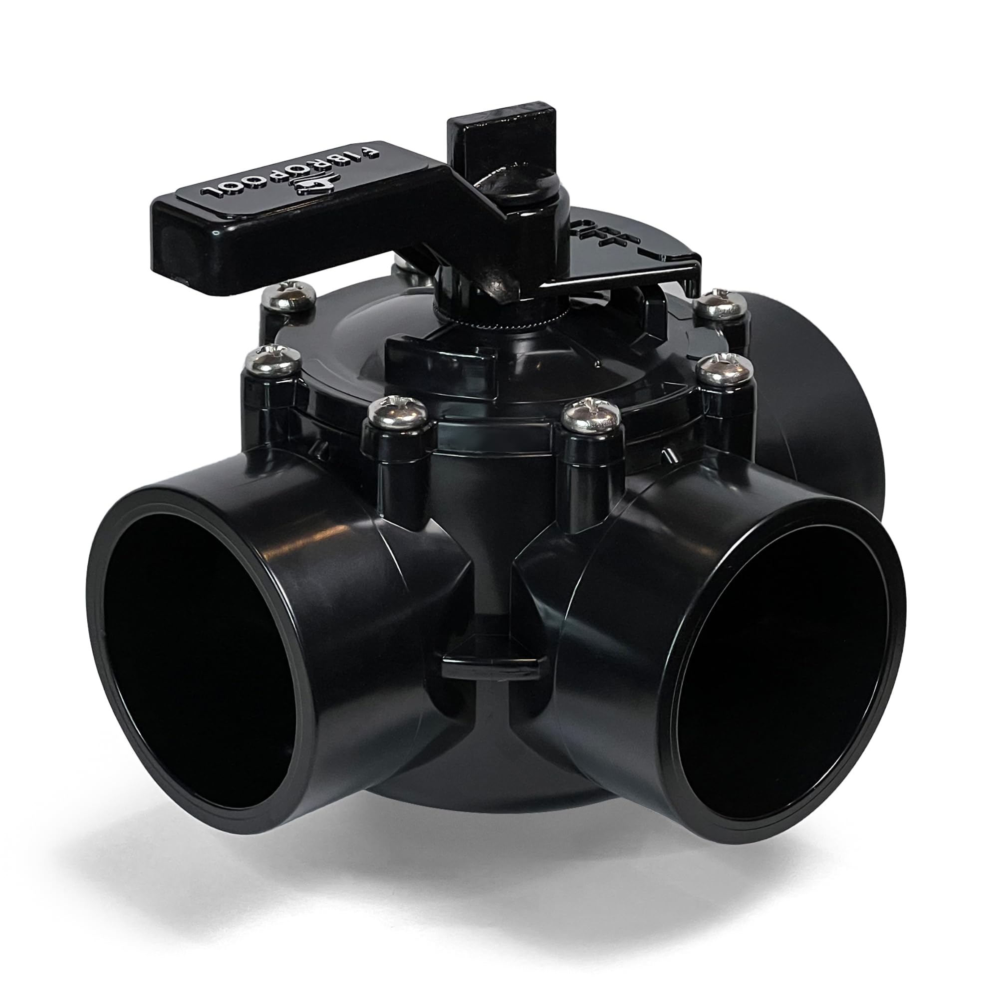 FibroPool 2in 3-way diverter valve showing leak-resistant slip connections for pool plumbing.
