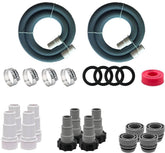 FibroPool universal hose install kit contents with adapters and clamps for quick pool setup.