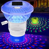 FineBud Solar Pool Chlorine Floater with colorful lights illuminating the pool at night.