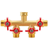 FINEST+ four-way brass hose splitter enables simultaneous watering for multiple hoses.