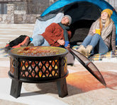 Fire Beauty 26in steel fire pit with diamond mesh creates cinematic flames for cozy outdoor gatherings.