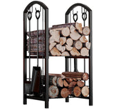 Fire Beauty fireplace log rack with five-piece set keeps tools organized by the fire