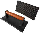 Firsgrill press 8-3x4 cast-iron for even contact and grill marks.