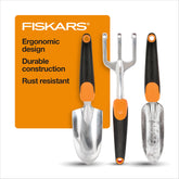 Fiskars 3-in-1 garden tool set for digging, planting, and cultivating.