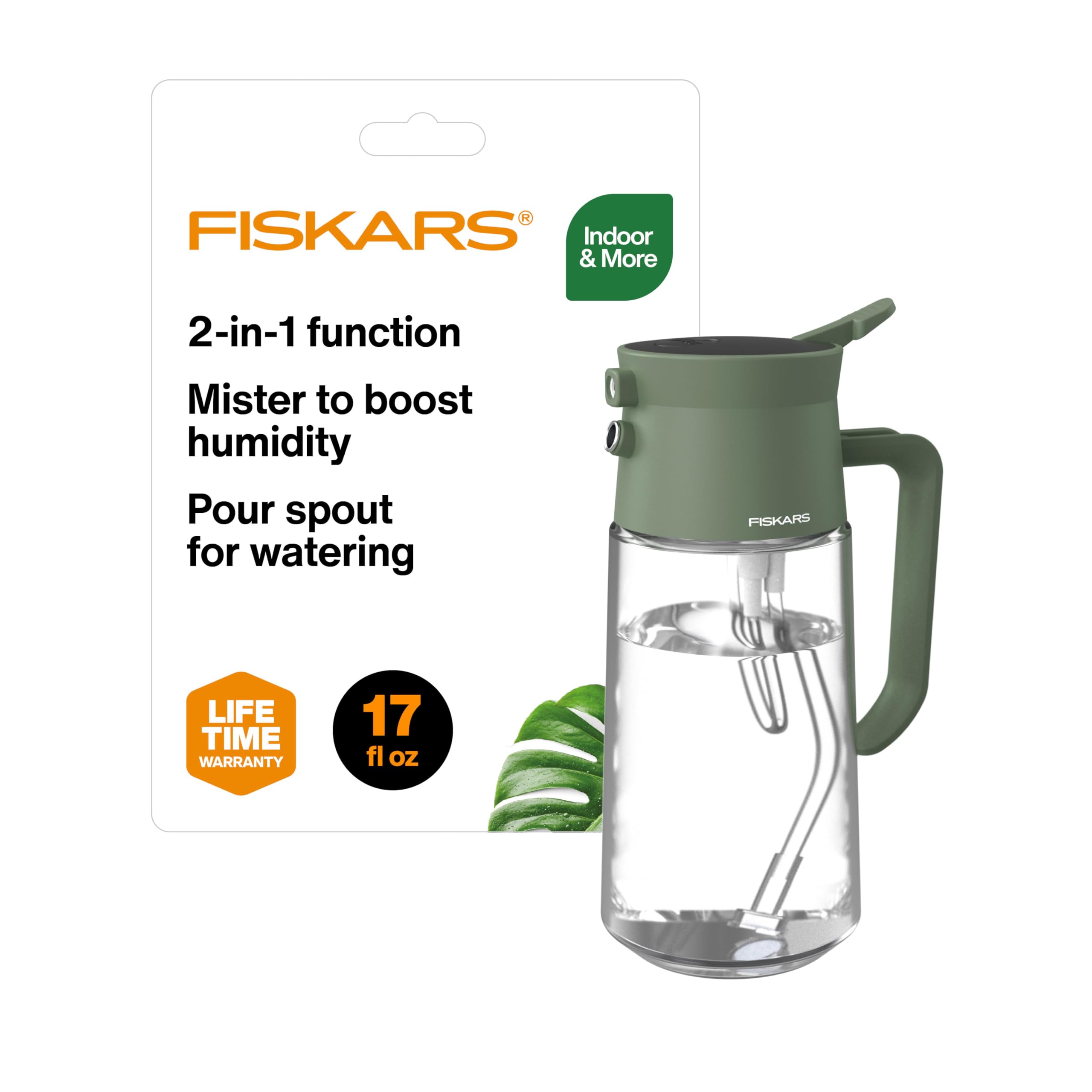 Fiskars Mist & Pour Carafe with glass body for precise indoor watering and stylish display.