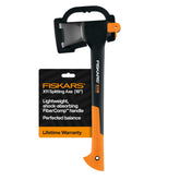 Fiskars X11 17-inch axe blade close-up showing wedge design for efficient one-swing splits