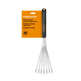 Fiskars Xact Hand Rake with stainless steel head for precise raking in compact beds.