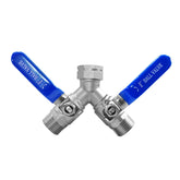 Fitvell garden hose Y valve assembly in stainless steel for durable dual-outlet irrigation.