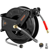 FIXFANS pressure washer hose reel with steel frame and auto-retract feature for tidy setups